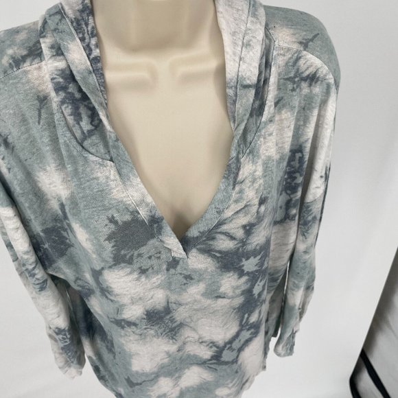 Cynthia Rowley Linen Hoodie Top Blue Tie Dye Roll Tab Sleeves Womens Sz Large - Picture 3 of 8
